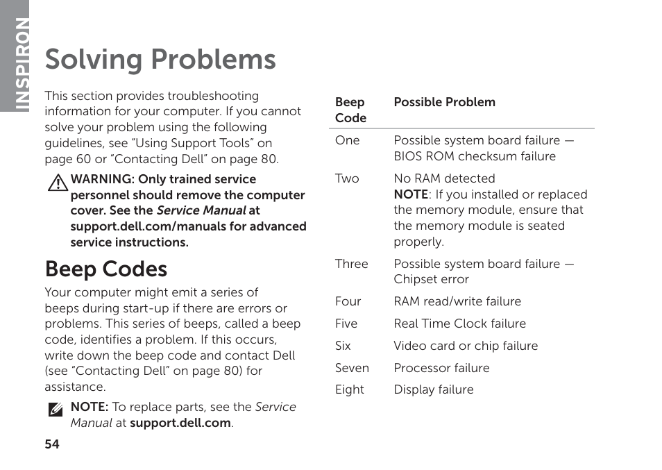 Solving problems, Beep codes, Inspiron | Dell Inspiron 17R (N7110, Early 2011) User Manual | Page 56 / 100