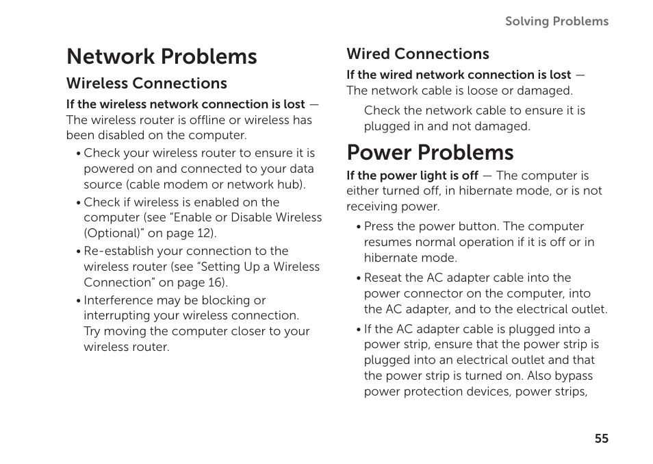 Network problems, Power problems, Network problems power problems | Dell Inspiron 17R (N7110, Early 2011) User Manual | Page 57 / 100