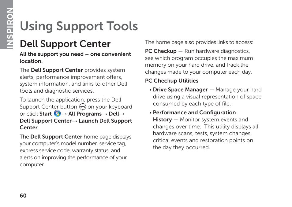 Using support tools, Dell support center, Inspiron | Dell Inspiron 17R (N7110, Early 2011) User Manual | Page 62 / 100