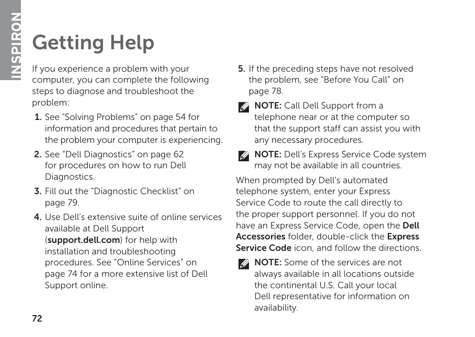 Getting help, Inspiron | Dell Inspiron 17R (N7110, Early 2011) User Manual | Page 74 / 100