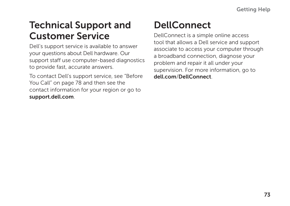 Technical support and customer service, Dellconnect, Technical support and customer service dellconnect | Dell Inspiron 17R (N7110, Early 2011) User Manual | Page 75 / 100