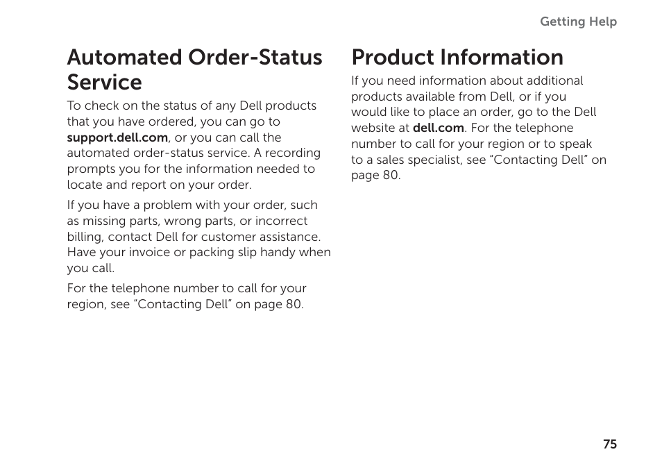 Automated order-status service, Product information, Automated order-status service product information | Dell Inspiron 17R (N7110, Early 2011) User Manual | Page 77 / 100