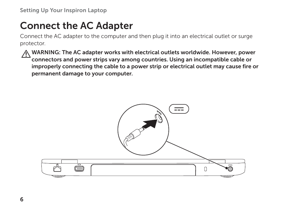 Connect the ac adapter | Dell Inspiron 17R (N7110, Early 2011) User Manual | Page 8 / 100