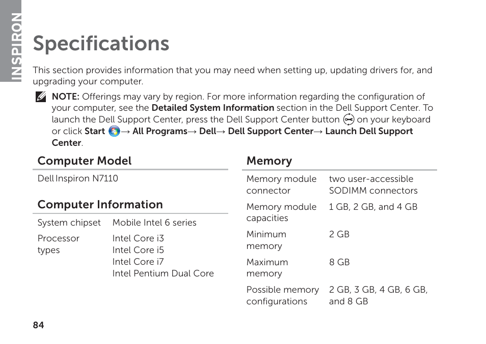 Specifications, Inspiron | Dell Inspiron 17R (N7110, Early 2011) User Manual | Page 86 / 100