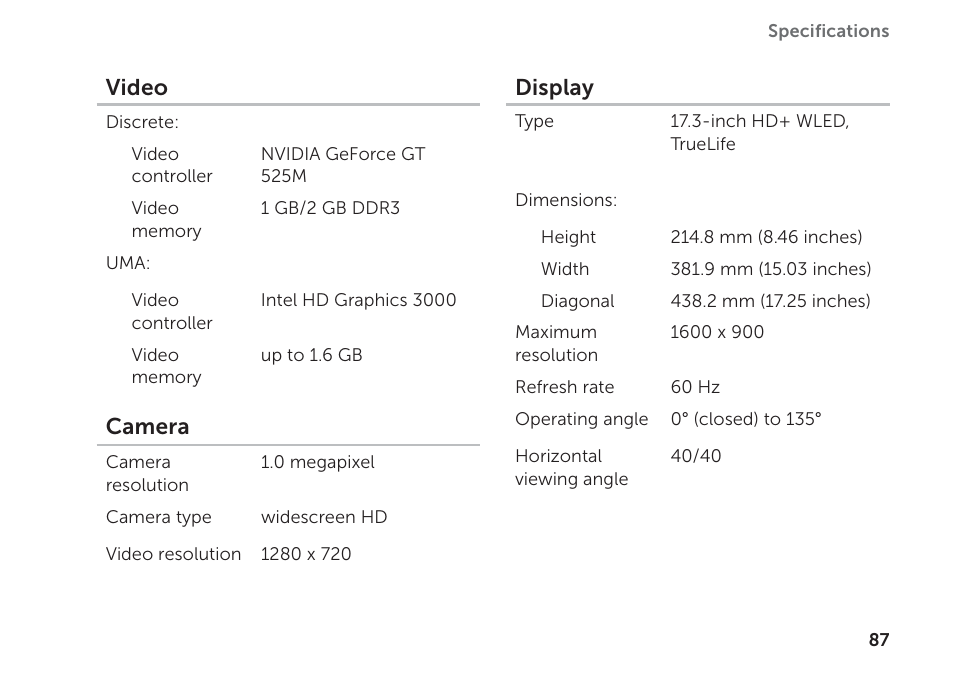 Video, Camera, Display | Dell Inspiron 17R (N7110, Early 2011) User Manual | Page 89 / 100