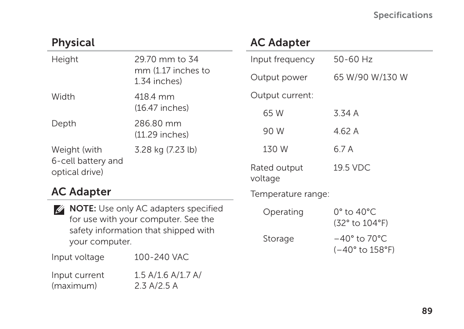 Physical, Ac adapter | Dell Inspiron 17R (N7110, Early 2011) User Manual | Page 91 / 100