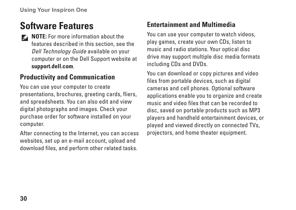 Software features | Dell Inspiron One 19 Touch (Late 2009) User Manual | Page 32 / 76