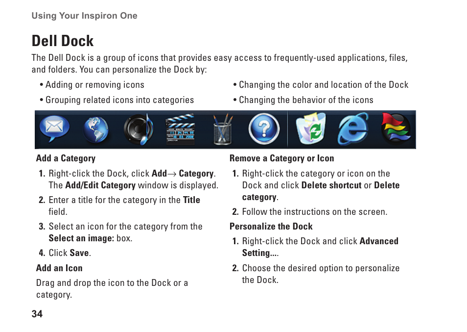 Dell dock | Dell Inspiron One 19 Touch (Late 2009) User Manual | Page 36 / 76