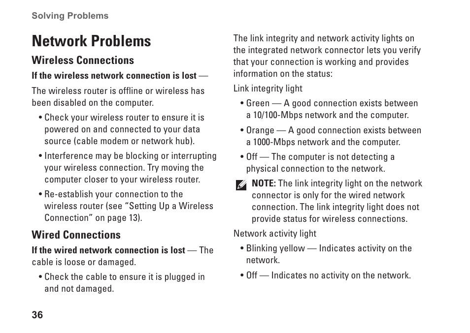 Network problems | Dell Inspiron One 19 Touch (Late 2009) User Manual | Page 38 / 76