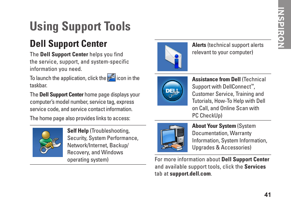 Using support tools, Dell support center, Inspiron | Dell Inspiron One 19 Touch (Late 2009) User Manual | Page 43 / 76