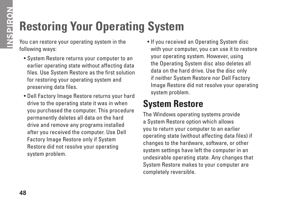 Restoring your operating system, System restore, Inspiron | Dell Inspiron One 19 Touch (Late 2009) User Manual | Page 50 / 76