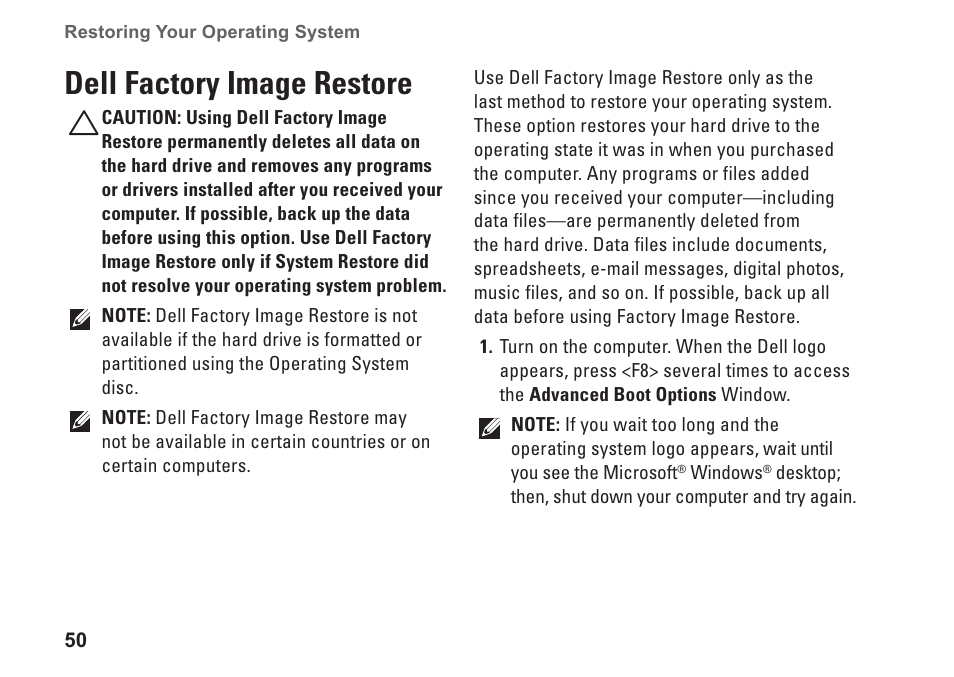 Dell factory image restore | Dell Inspiron One 19 Touch (Late 2009) User Manual | Page 52 / 76