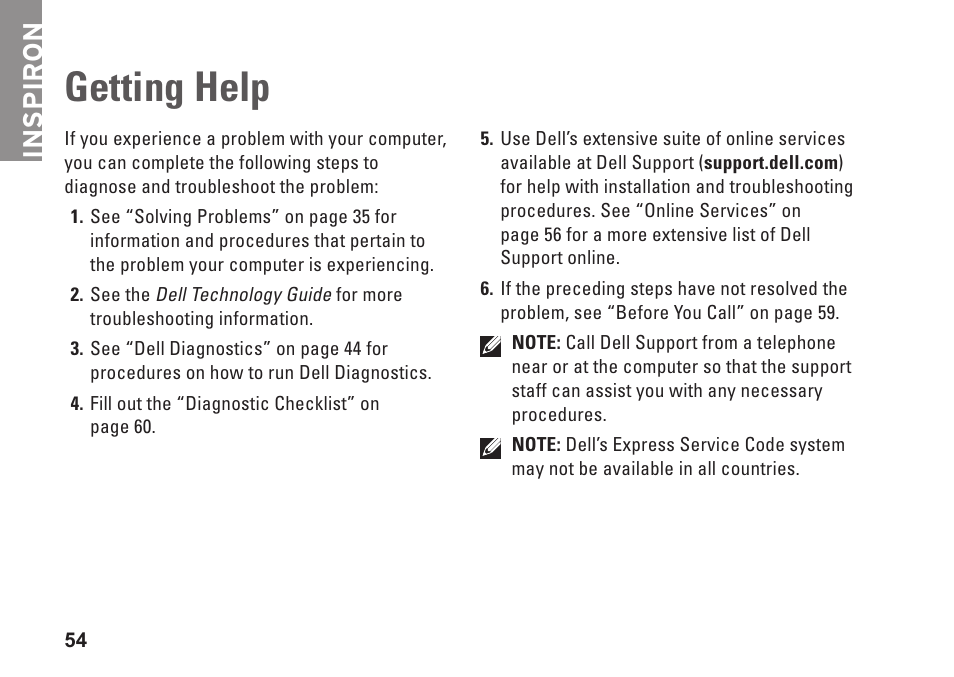 Getting help, Inspiron | Dell Inspiron One 19 Touch (Late 2009) User Manual | Page 56 / 76