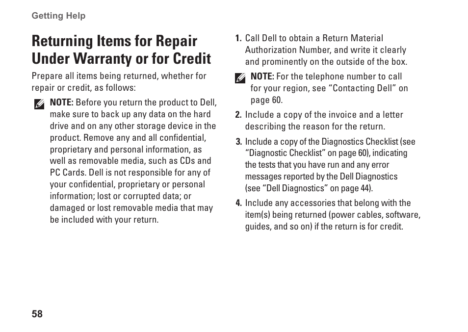 Returning items for repair under, Warranty or for credit | Dell Inspiron One 19 Touch (Late 2009) User Manual | Page 60 / 76