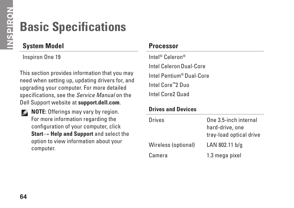 Basic specifications, Inspiron | Dell Inspiron One 19 Touch (Late 2009) User Manual | Page 66 / 76