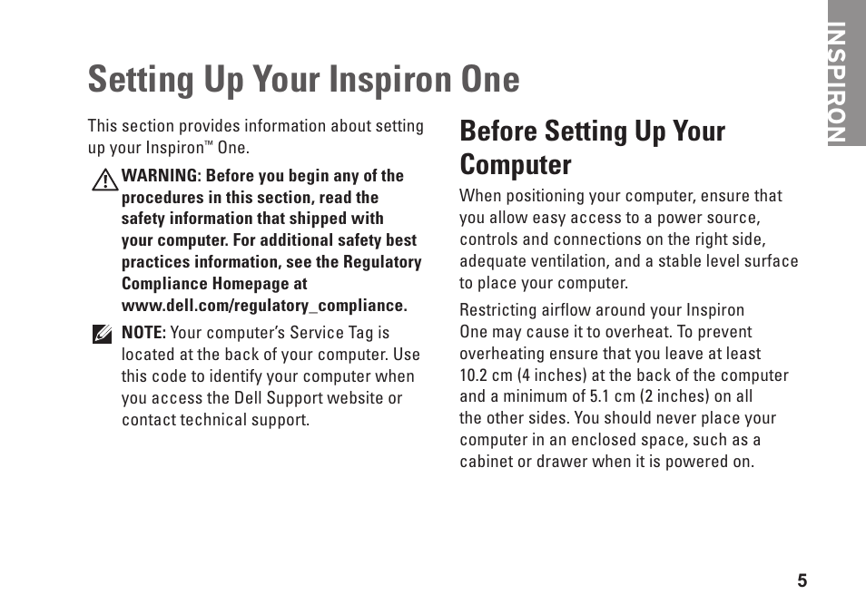 Setting up your inspiron one, Before setting up your computer, Inspiron | Dell Inspiron One 19 Touch (Late 2009) User Manual | Page 7 / 76