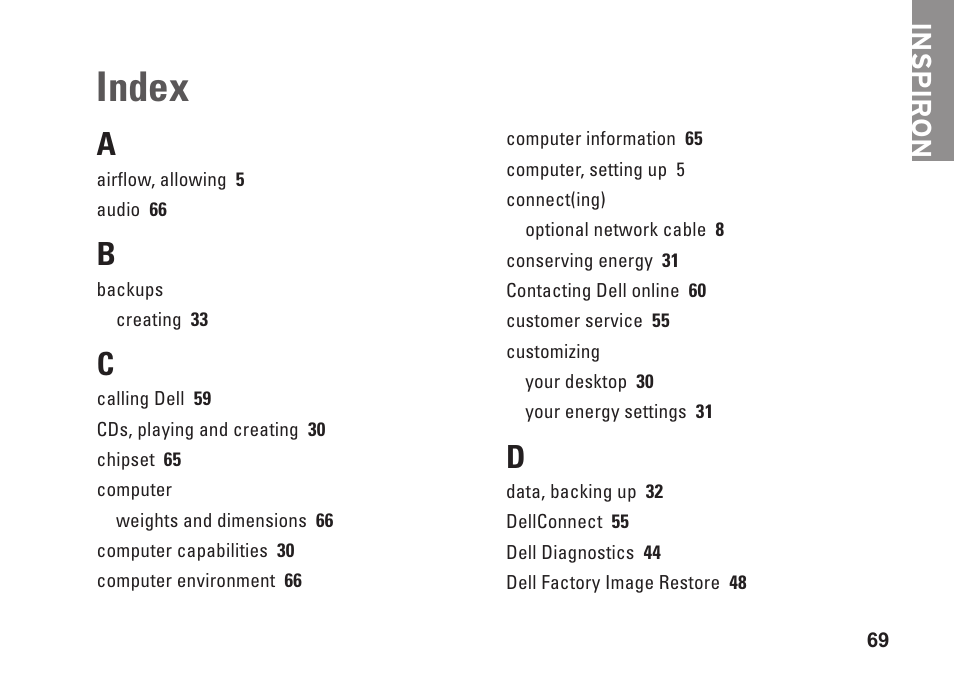 Index, Inspiron | Dell Inspiron One 19 Touch (Late 2009) User Manual | Page 71 / 76