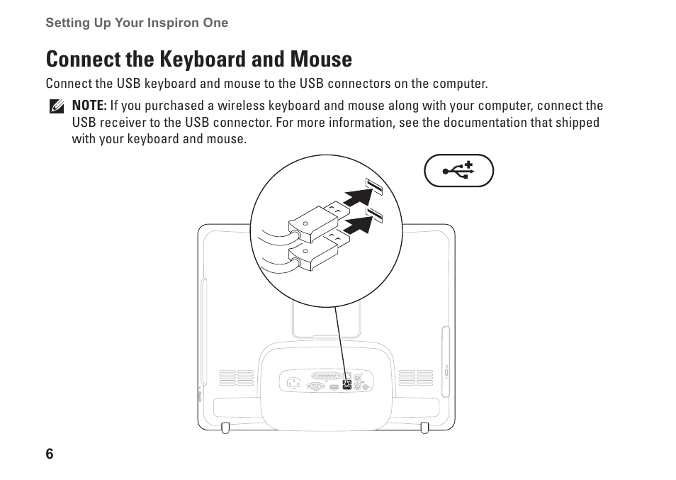 Connect the keyboard and mouse | Dell Inspiron One 19 Touch (Late 2009) User Manual | Page 8 / 76