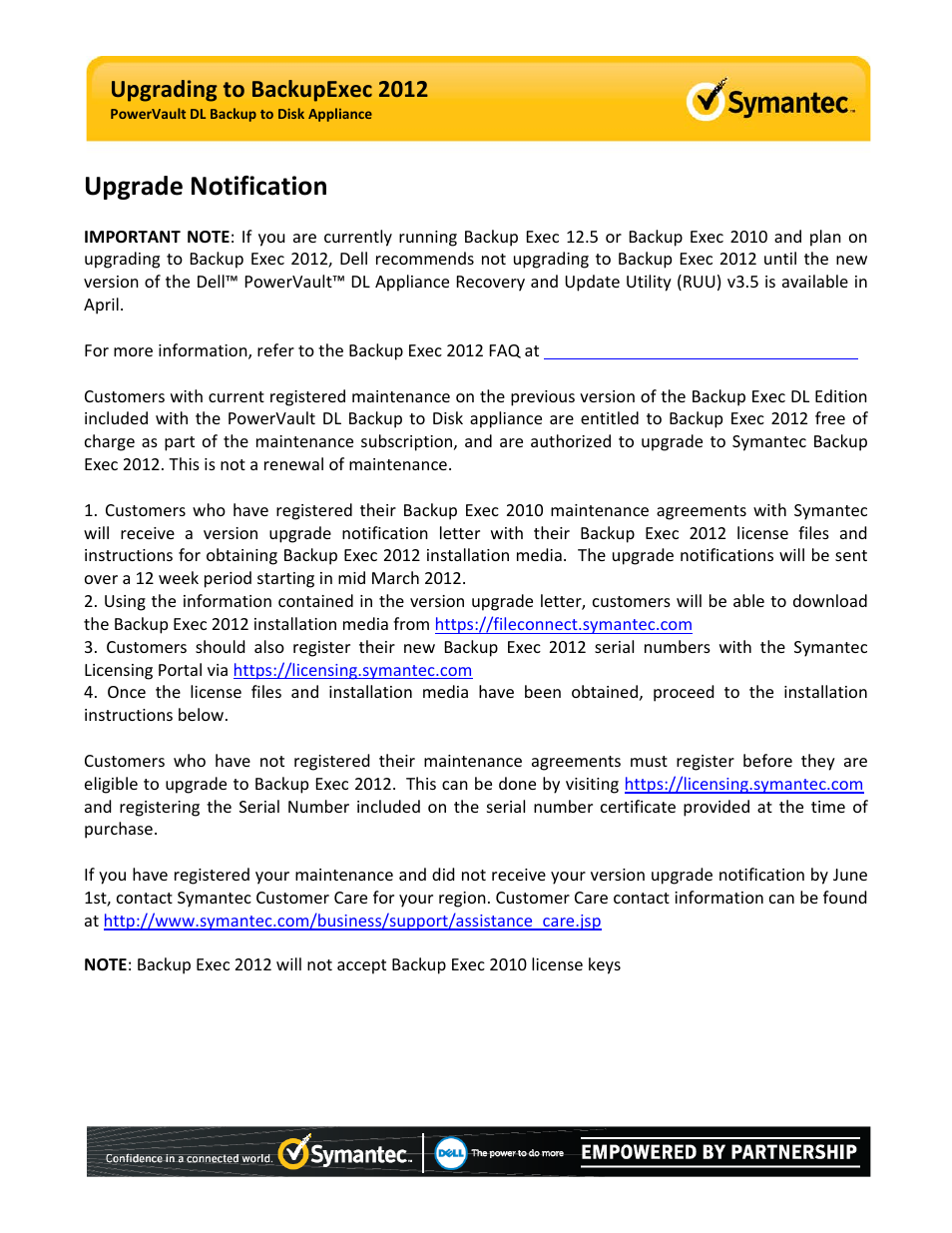 Upgrade notification, Upgrading to backupexec 2012 | Dell PowerVault DL2100 User Manual | Page 4 / 15