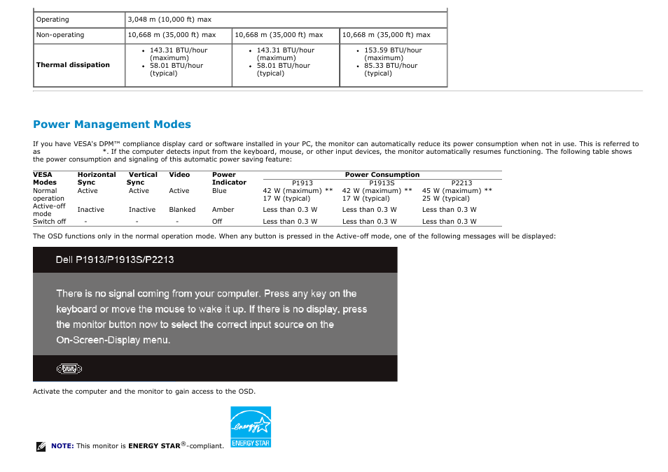 Power management modes | Dell P2213 Monitor User Manual | Page 14 / 59