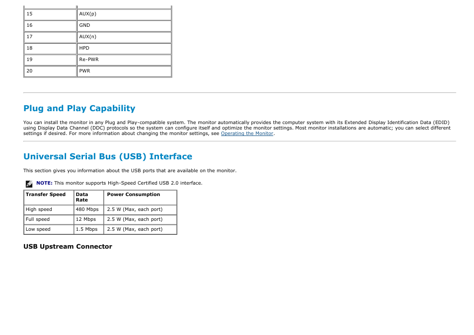 Plug and play capability, Universal serial bus (usb) interface | Dell P2213 Monitor User Manual | Page 18 / 59