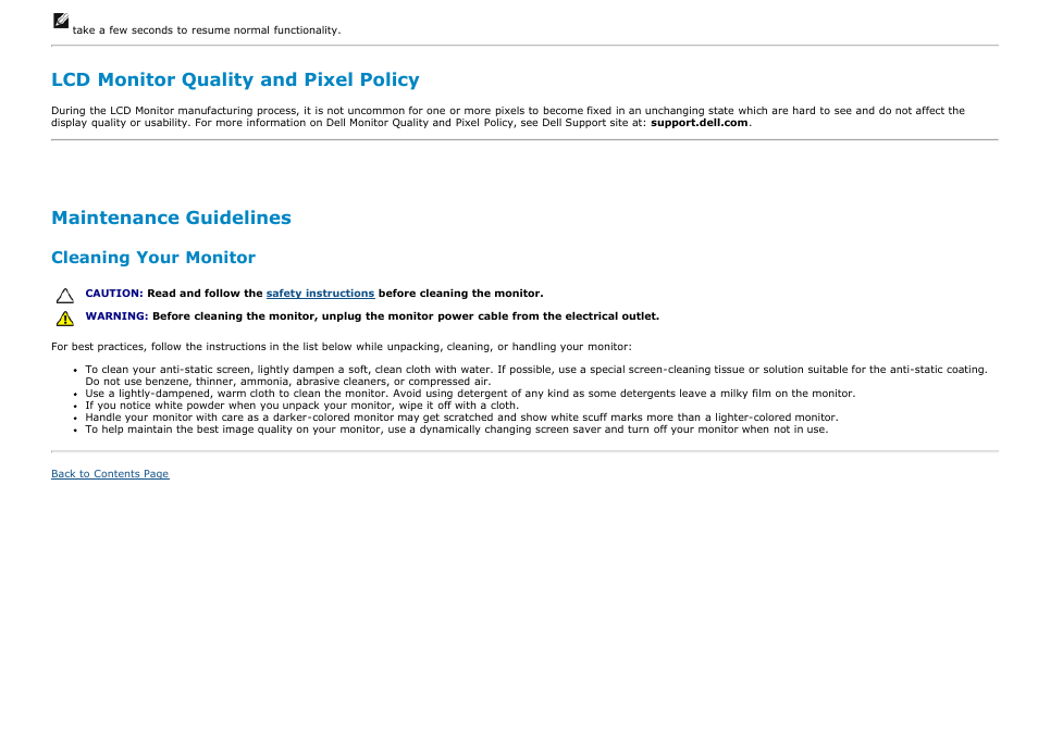 Lcd monitor quality and pixel policy, Maintenance guidelines, Cleaning your monitor | Dell P2213 Monitor User Manual | Page 20 / 59