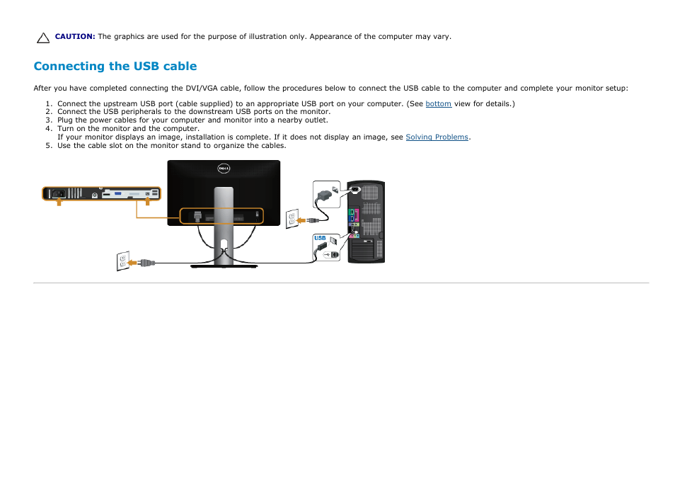 Connecting the usb cable | Dell P2213 Monitor User Manual | Page 24 / 59