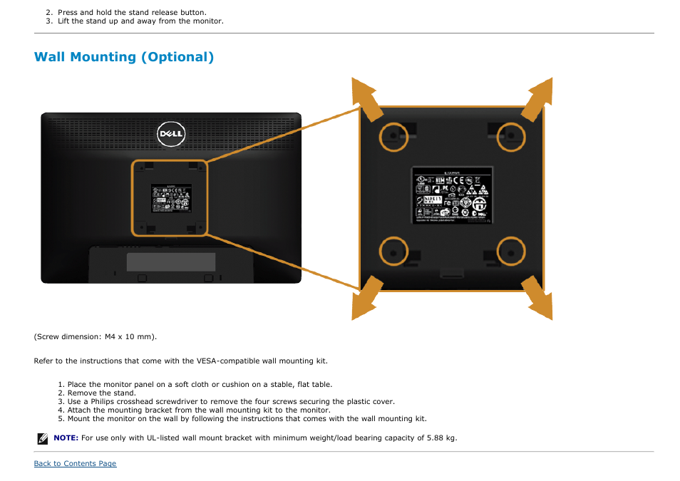 Wall mounting (optional) | Dell P2213 Monitor User Manual | Page 27 / 59