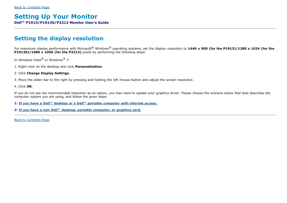 Dell p1913/p1913s/p2213 monitor, Setting up your monitor, Setting the display resolution | Dell P2213 Monitor User Manual | Page 57 / 59