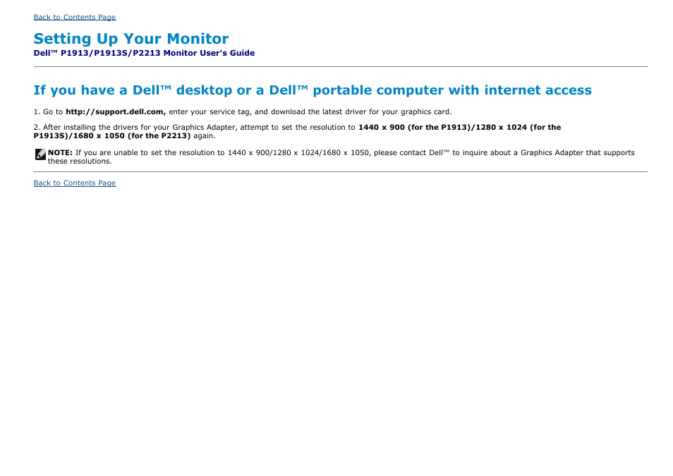 Dell p1913/p1913s/p2213 monitor, Setting up your monitor | Dell P2213 Monitor User Manual | Page 58 / 59