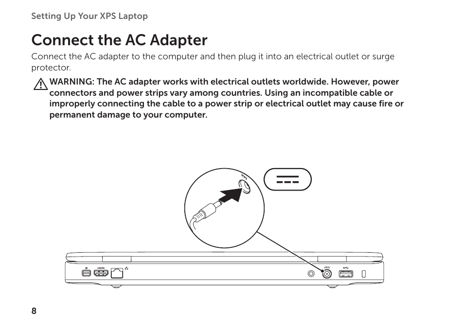 Connect the ac adapter | Dell XPS 15 (L501X, Late 2010) User Manual | Page 10 / 106