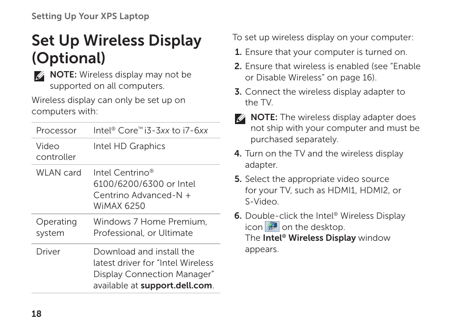 Set up wireless display (optional) | Dell XPS 15 (L501X, Late 2010) User Manual | Page 20 / 106