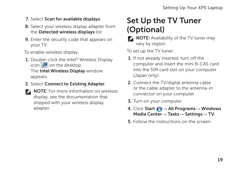 Set up the tv tuner (optional) | Dell XPS 15 (L501X, Late 2010) User Manual | Page 21 / 106