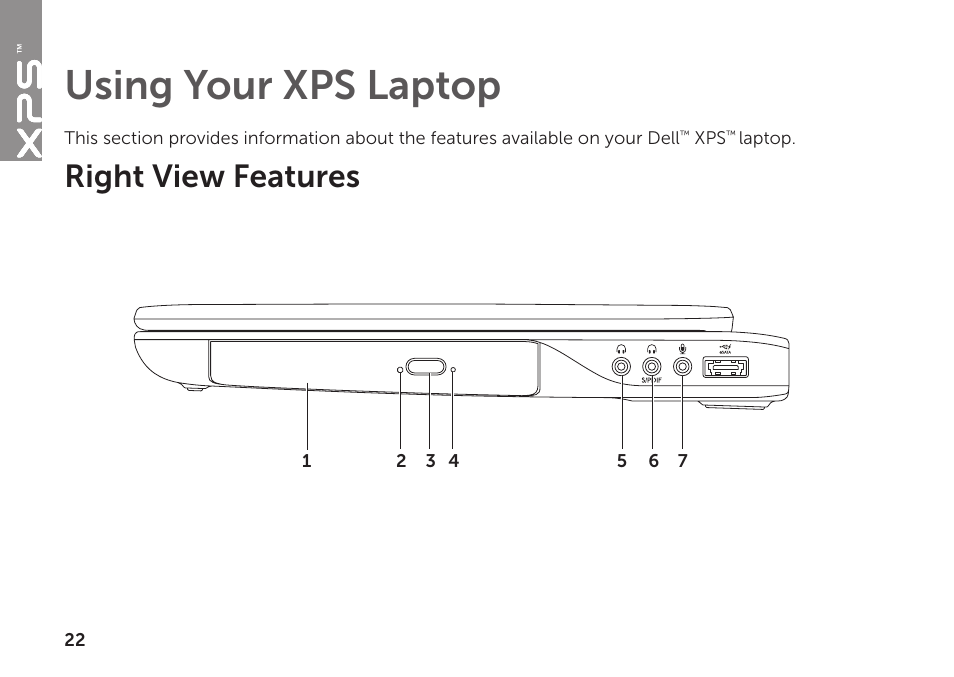 Using your xps laptop, Right view features | Dell XPS 15 (L501X, Late 2010) User Manual | Page 24 / 106