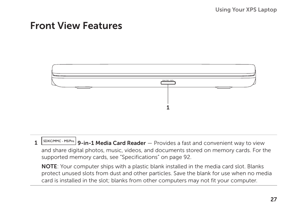 Front view features | Dell XPS 15 (L501X, Late 2010) User Manual | Page 29 / 106