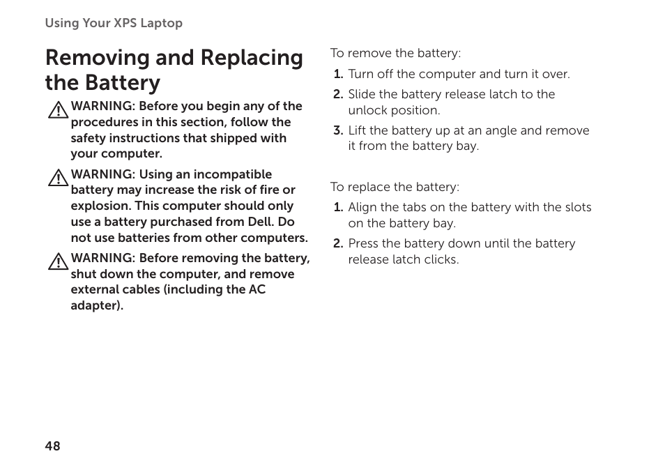 Removing and replacing the battery, Removing and replacing the, Battery | Dell XPS 15 (L501X, Late 2010) User Manual | Page 50 / 106