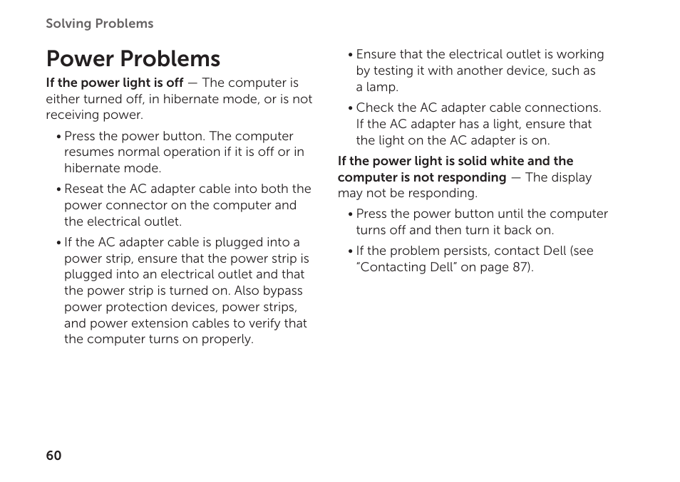 Power problems | Dell XPS 15 (L501X, Late 2010) User Manual | Page 62 / 106