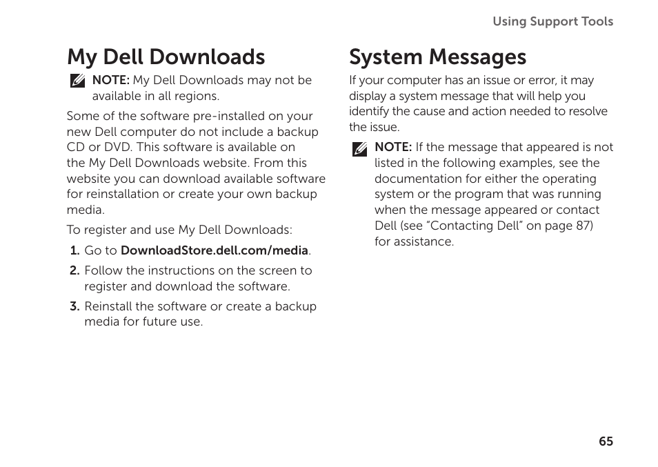 My dell downloads, System messages, My dell downloads system messages | Dell XPS 15 (L501X, Late 2010) User Manual | Page 67 / 106