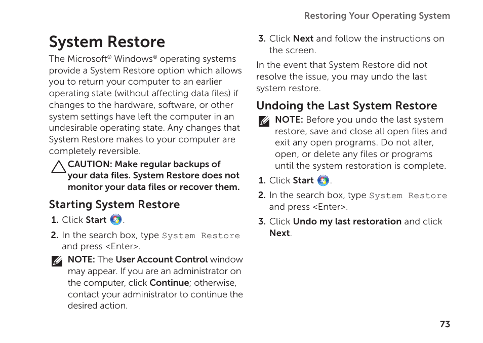 System restore, Starting system restore, Undoing the last system restore | Dell XPS 15 (L501X, Late 2010) User Manual | Page 75 / 106