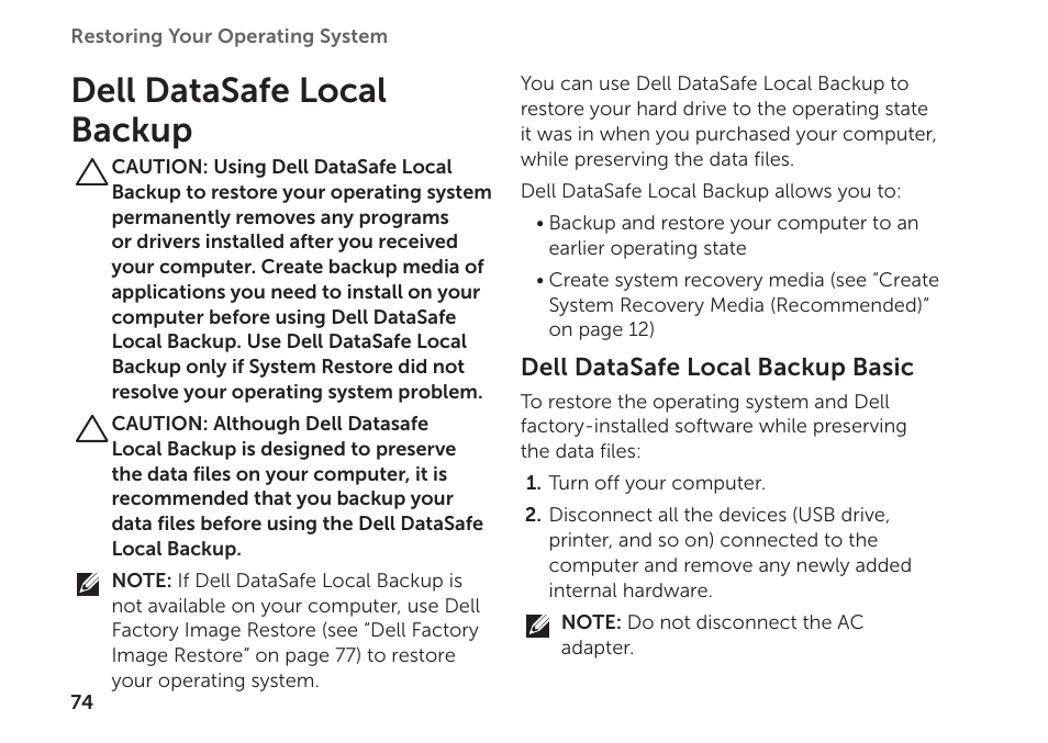 Dell datasafe local backup | Dell XPS 15 (L501X, Late 2010) User Manual | Page 76 / 106