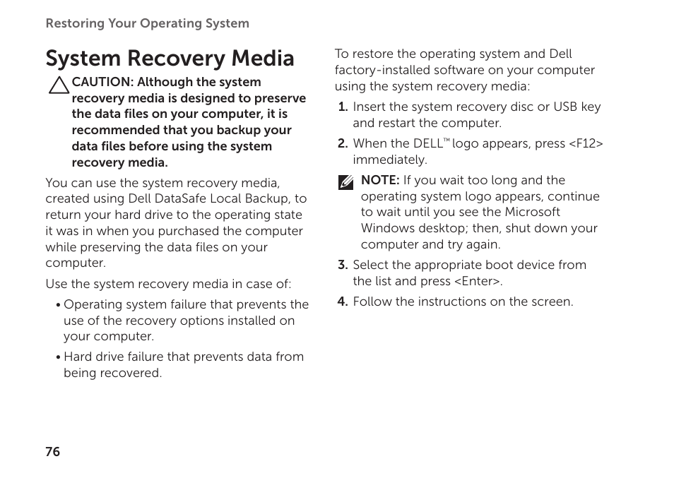 System recovery media | Dell XPS 15 (L501X, Late 2010) User Manual | Page 78 / 106