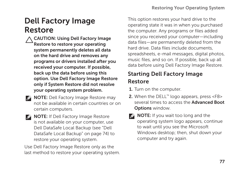 Dell factory image restore | Dell XPS 15 (L501X, Late 2010) User Manual | Page 79 / 106