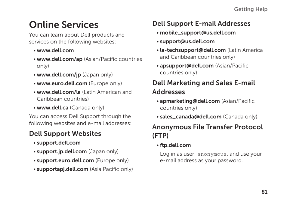 Online services, 81 f, Dell support websites | Dell support e-mail addresses, Dell marketing and sales e-mail addresses, Anonymous file transfer protocol (ftp) | Dell XPS 15 (L501X, Late 2010) User Manual | Page 83 / 106