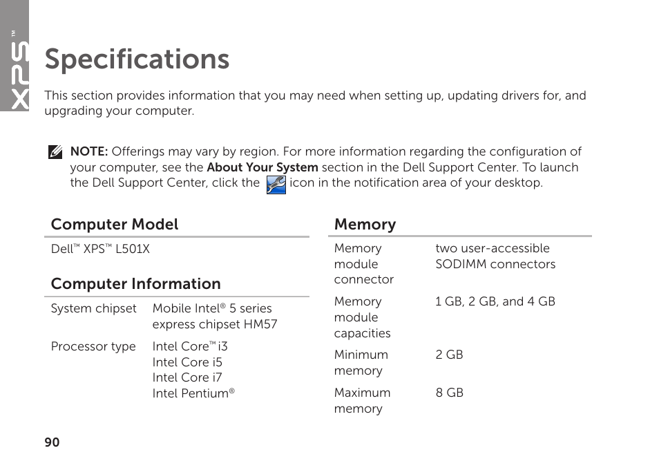 Specifications, Computer model, Computer information | Dell XPS 15 (L501X, Late 2010) User Manual | Page 92 / 106