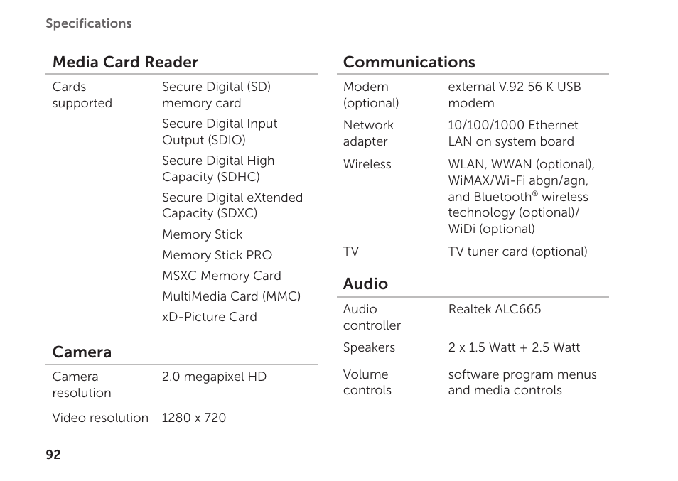 Media card reader, Camera, Communications | Audio | Dell XPS 15 (L501X, Late 2010) User Manual | Page 94 / 106