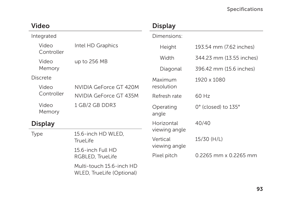 Video, Display | Dell XPS 15 (L501X, Late 2010) User Manual | Page 95 / 106