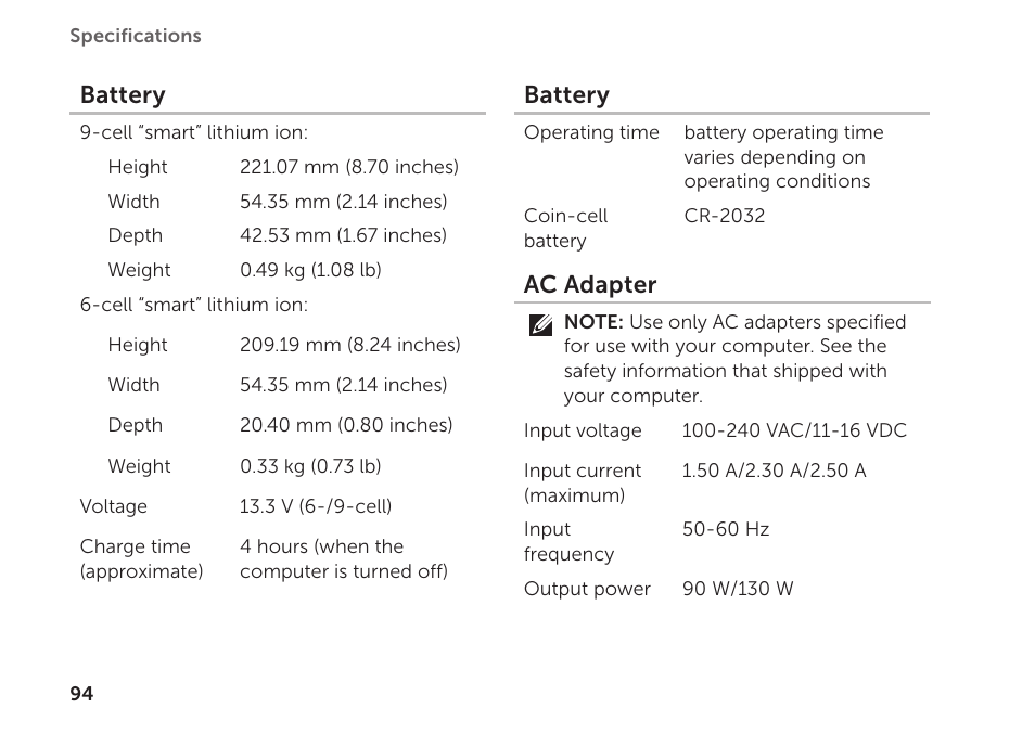 Battery, Ac adapter | Dell XPS 15 (L501X, Late 2010) User Manual | Page 96 / 106