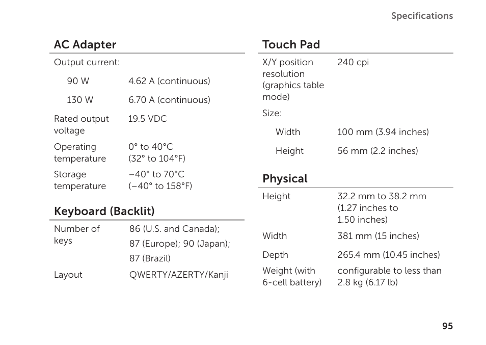 Ac adapter, Keyboard (backlit), Touch pad | Physical | Dell XPS 15 (L501X, Late 2010) User Manual | Page 97 / 106