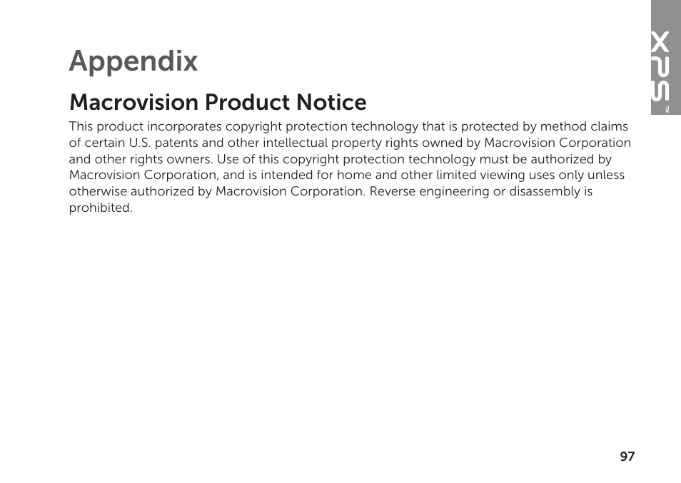 Appendix, Macrovision product notice | Dell XPS 15 (L501X, Late 2010) User Manual | Page 99 / 106