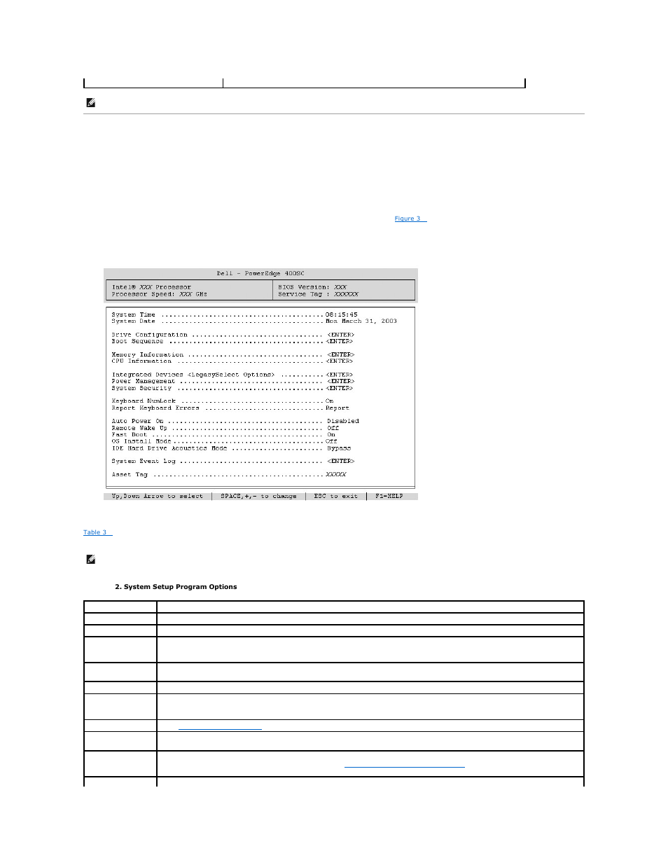 System setup options, Main screen | Dell PowerEdge 400SC User Manual | Page 11 / 30